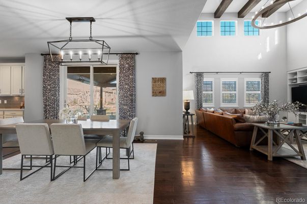 Dining room, Interior, Living room, Pendant Lights, Wooden Beams, Wood Texture Flooring