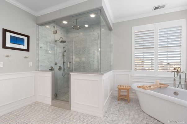 Bathroom, Free Standing Baths, Glass Shower, Interior, Marble Walls, Recessed Lighting