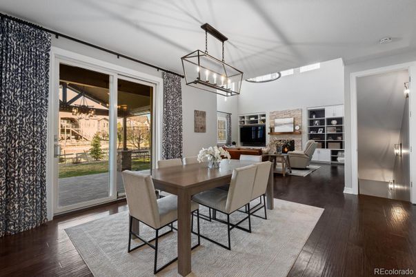 Dining room, Fireplace, Interior, Living room, Pendant Lights, Wood Texture Flooring