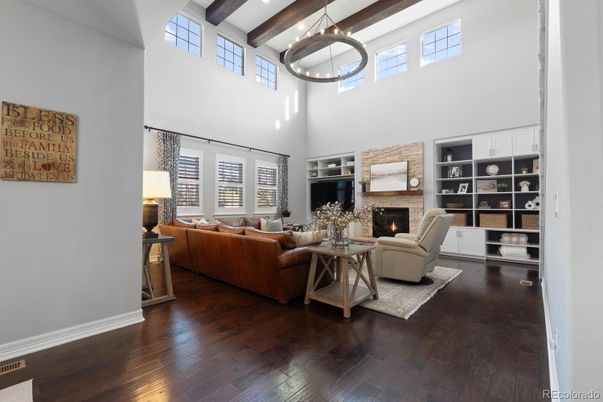 Fireplace, Interior, Living room, Pendant Lights, Recessed Lighting, Wooden Beams, Wood Texture Flooring