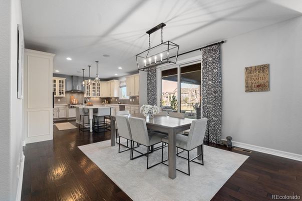 Dining room, Interior, Kitchen, Pendant Lights, Recessed Lighting, Wood Texture Flooring