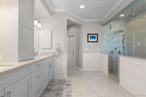Bathroom, Dual Sink Vanities, Glass Shower, Interior, Recessed Lighting