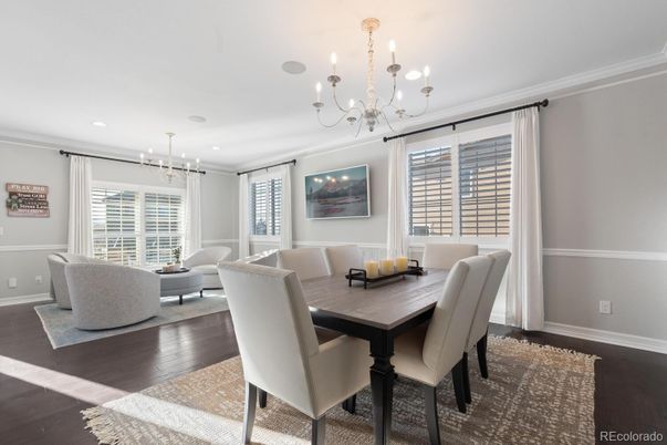 Chandelier, Dining room, Interior, Living room, Pendant Lights, Recessed Lighting, Wood Texture Flooring