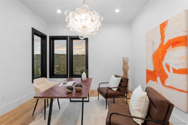 Chandelier, Home Office, Interior, Recessed Lighting, Wood Texture Flooring