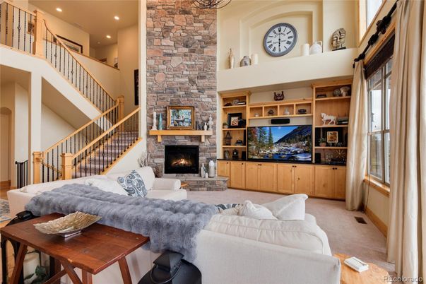 Fireplace, Interior, Living room, Recessed Lighting, Stone Walls