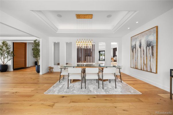 Dining room, Interior, Pendant Lights, Recessed Lighting, Wood Texture Flooring