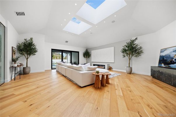 Fireplace, Interior, Living room, Recessed Lighting, Wood Texture Flooring
