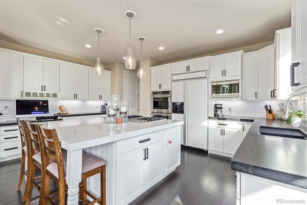Interior, Kitchen, Pendant Lights, Recessed Lighting, Stainless Steel Appliances, Wood Texture Flooring