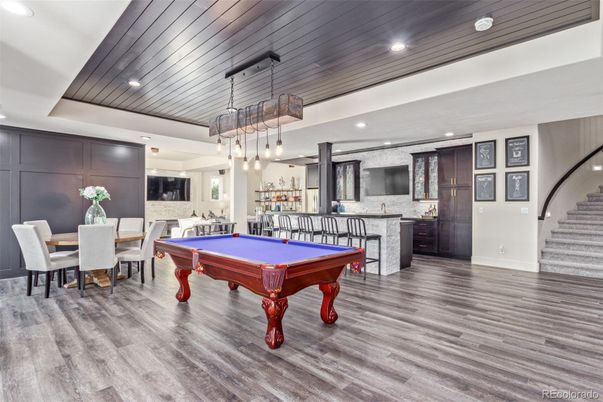 Billiard Table, Dining room, Game Room, Interior, Pendant Lights, Recessed Lighting, Wood Texture Flooring