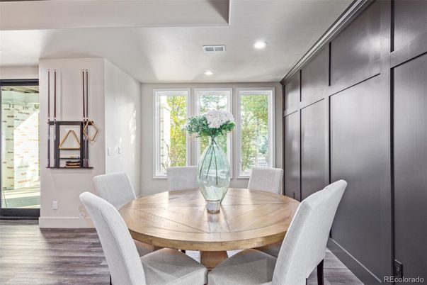 Dining room, Interior, Recessed Lighting, Wood Texture Flooring