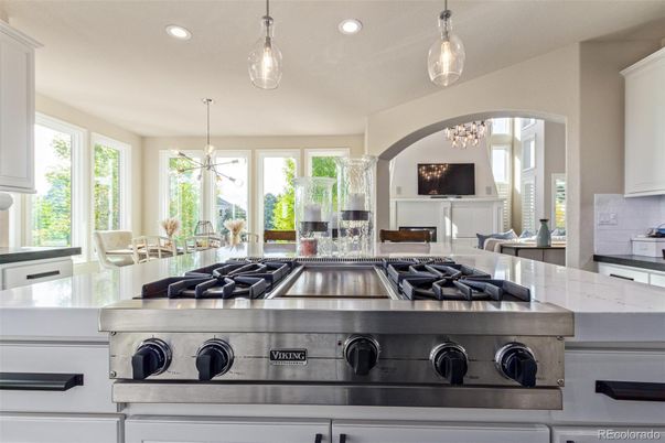Chandelier, Fireplace, Interior, Kitchen, Pendant Lights, Recessed Lighting
