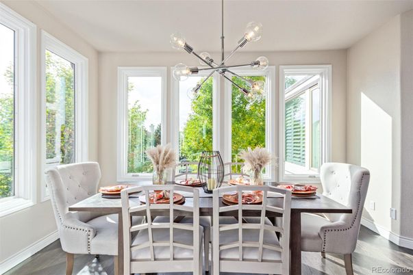 Dining room, Interior, Pendant Lights, Wood Texture Flooring