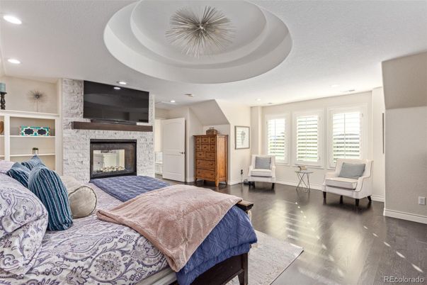 Bedroom, Fireplace, Interior, Recessed Lighting, Wood Texture Flooring