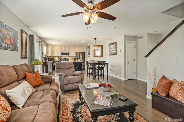 Dining room, Interior, Kitchen, Living room, Pendant Lights, Recessed Lighting, Stainless Steel Appliances, Wood Texture Flooring