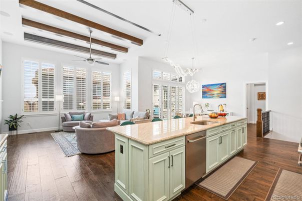 Interior, Kitchen, Living room, Pendant Lights, Recessed Lighting, Wooden Beams, Wood Texture Flooring