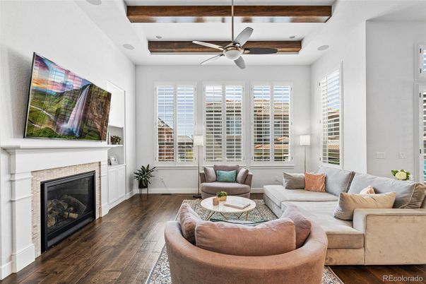 Fireplace, Interior, Living room, Recessed Lighting, Wooden Beams, Wood Texture Flooring