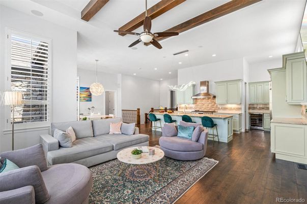 Chandelier, Dining room, Interior, Kitchen, Living room, Pendant Lights, Recessed Lighting, Wooden Beams, Wood Texture Flooring