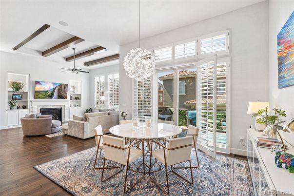 Dining room, Fireplace, Interior, Living room, Pendant Lights, Wooden Beams, Wood Texture Flooring