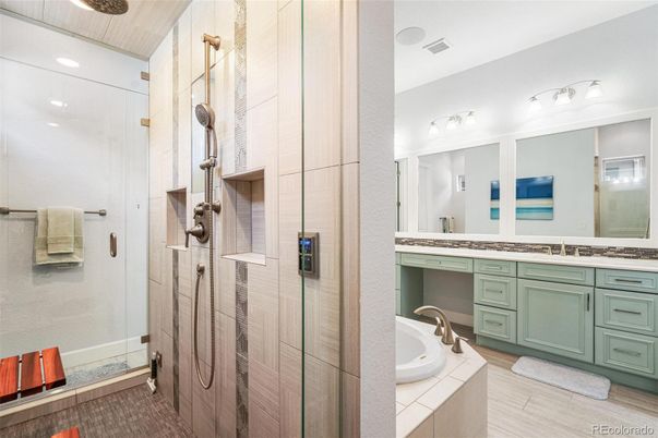 Bathroom, Glass Shower, Interior, Recessed Lighting, Tile Countertops, Wood Texture Flooring