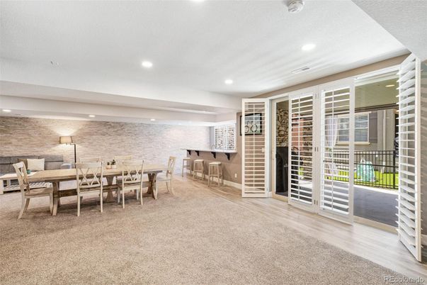 Dining room, Interior, Recessed Lighting, Stone Walls, Wood Texture Flooring