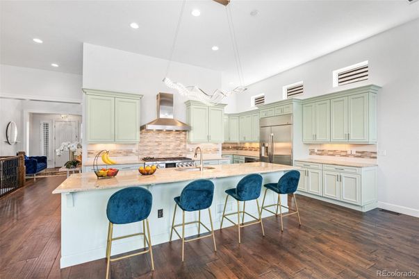 Interior, Kitchen, Pendant Lights, Recessed Lighting, Stainless Steel Appliances, Wood Texture Flooring