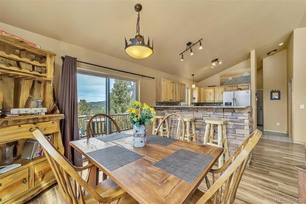 Dining room, Interior, Kitchen, Pendant Lights, Wood Texture Flooring