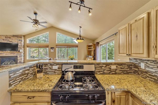 Fireplace, Interior, Kitchen, Pendant Lights, Stone Walls
