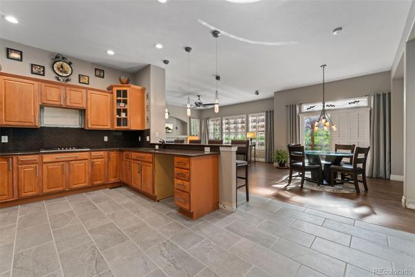 Dining room, Interior, Kitchen, Pendant Lights, Recessed Lighting, Wood Texture Flooring