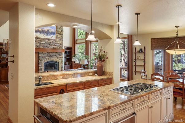 Dining room, Fireplace, Interior, Kitchen, Pendant Lights, Recessed Lighting, Wood Texture Flooring
