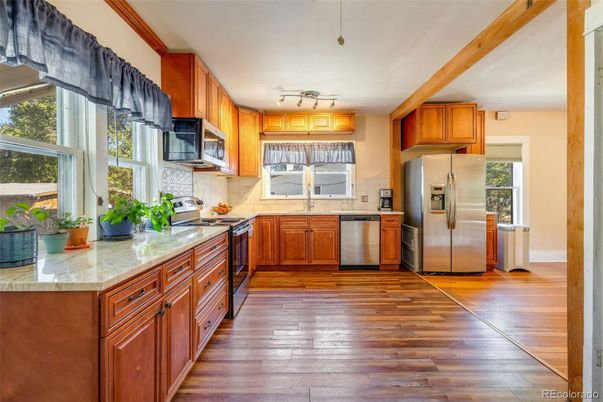 Interior, Kitchen, Stainless Steel Appliances, Wooden Beams, Wood Texture Flooring