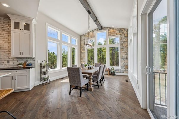 Dining room, Interior, Recessed Lighting, Stone Walls, Wooden Beams, Wood Texture Flooring