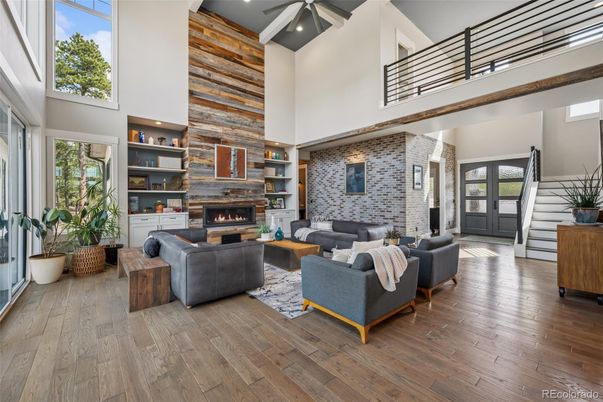 Fireplace, Interior, Living room, Stone Walls, Wood Texture Flooring, Wooden Walls