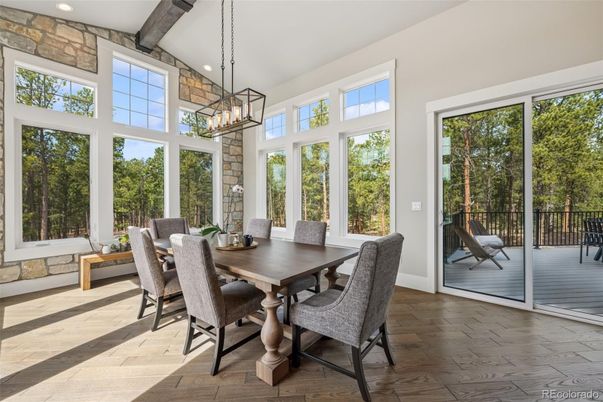 Dining room, Interior, Pendant Lights, Recessed Lighting, Wooden Beams, Wood Texture Flooring