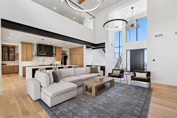 Interior, Kitchen, Living room, Marble Walls, Pendant Lights, Recessed Lighting, Wood Texture Flooring