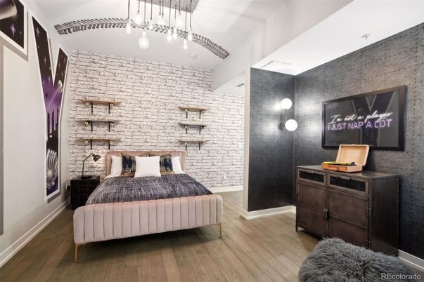 Bedroom, Interior, Pendant Lights, Stone Walls, Wood Texture Flooring