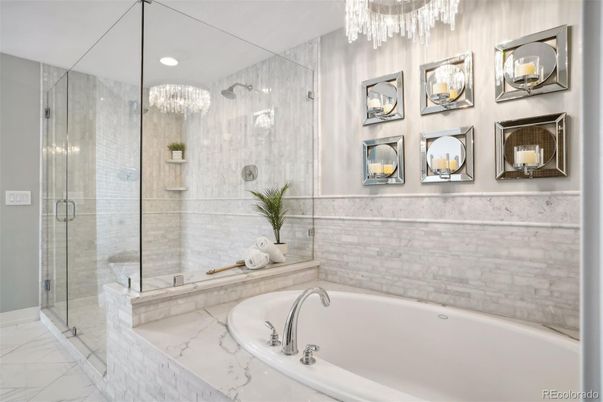 Bathroom, Glass Shower, Interior, Marble, Recessed Lighting