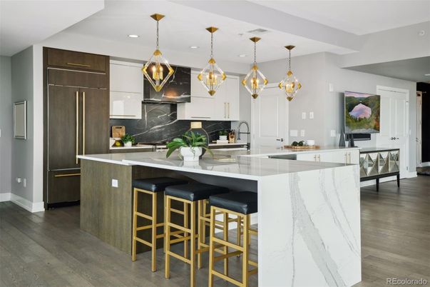 Interior, Kitchen, Marble Walls, Pendant Lights, Recessed Lighting, Wood Texture Flooring