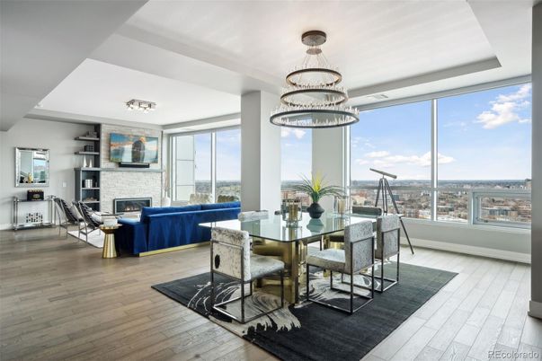 Dining room, Fireplace, Interior, Living room, Pendant Lights, Wood Texture Flooring