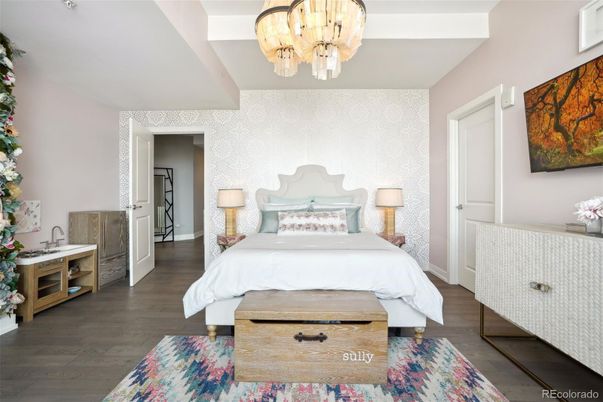 Bedroom, Chandelier, Interior, Wood Texture Flooring