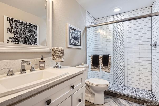 Bathroom, Glass Shower, Interior, Recessed Lighting, Wood Texture Flooring