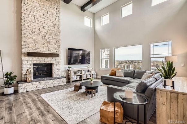 Fireplace, Interior, Living room, Stone Walls, Wooden Beams, Wood Texture Flooring