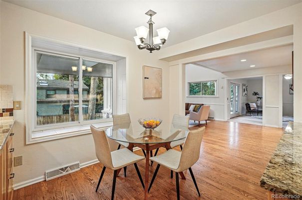 Chandelier, Dining room, Interior, Recessed Lighting, Wood Texture Flooring