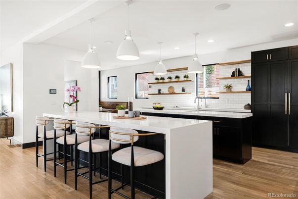 Interior, Kitchen, Pendant Lights, Recessed Lighting, Stone Walls, Wood Texture Flooring