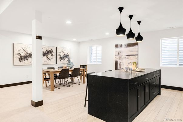 Dining room, Interior, Kitchen, Pendant Lights, Recessed Lighting, Wood Texture Flooring