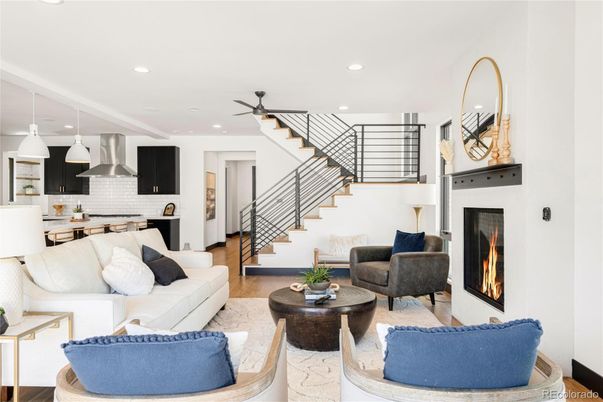 Dining room, Fireplace, Interior, Kitchen, Living room, Pendant Lights, Recessed Lighting, Wood Texture Flooring