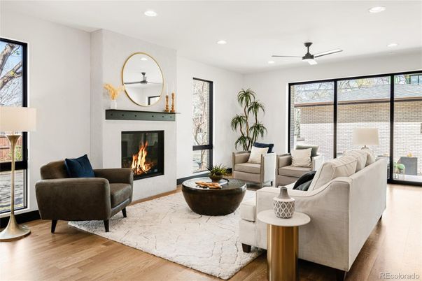 Fireplace, Interior, Living room, Recessed Lighting, Wood Texture Flooring