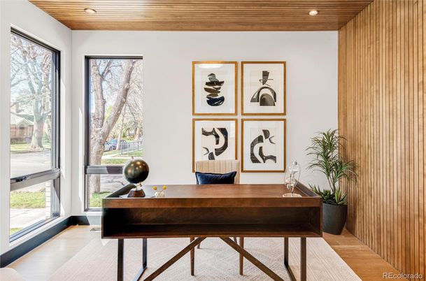 Home Office, Interior, Recessed Lighting, Wooden Ceilings, Wood Texture Flooring
