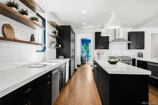 Interior, Kitchen, Pendant Lights, Recessed Lighting, Stainless Steel Appliances, Wood Texture Flooring