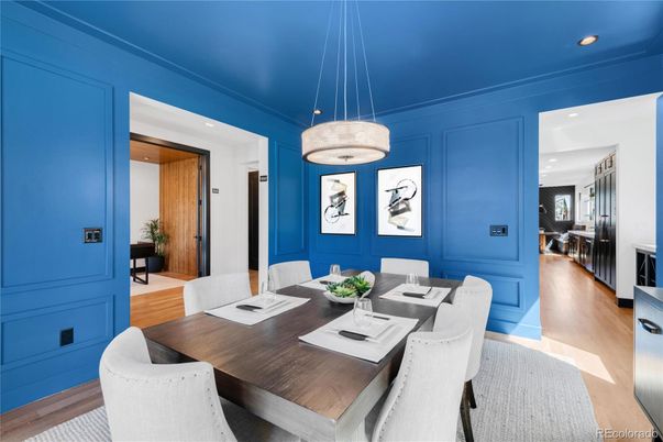 Dining room, Interior, Pendant Lights, Recessed Lighting, Wood Texture Flooring