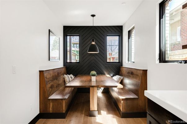 Dining room, Interior, Pendant Lights, Wood Texture Flooring
